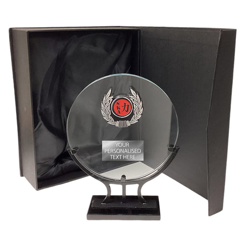 Stylish Circle Trimmed Glass Award with Metal Stand T0891